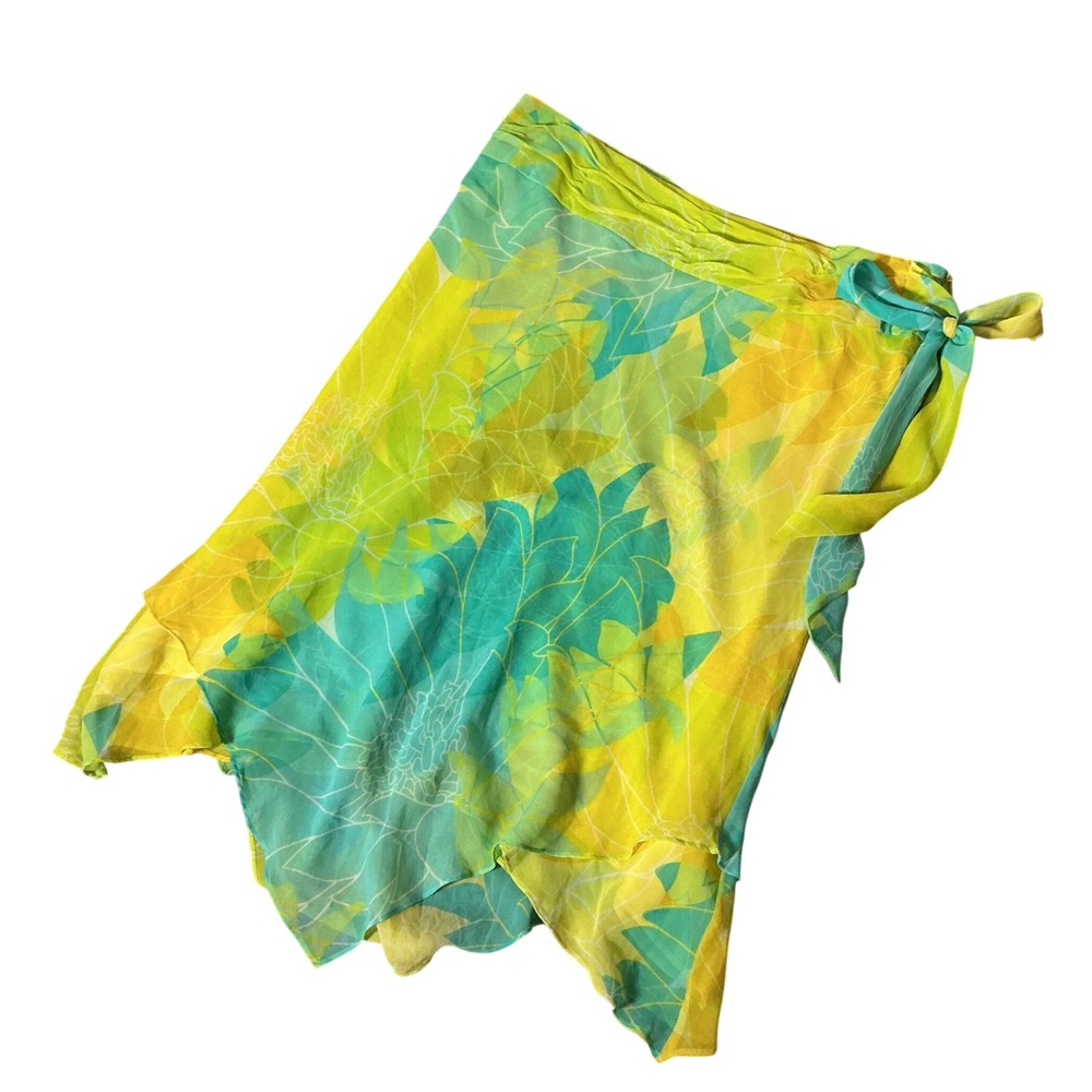 Banana Republic Floral Silk Wrap Skirt Womens 14 Green Yellow Tropical Y2K Midi